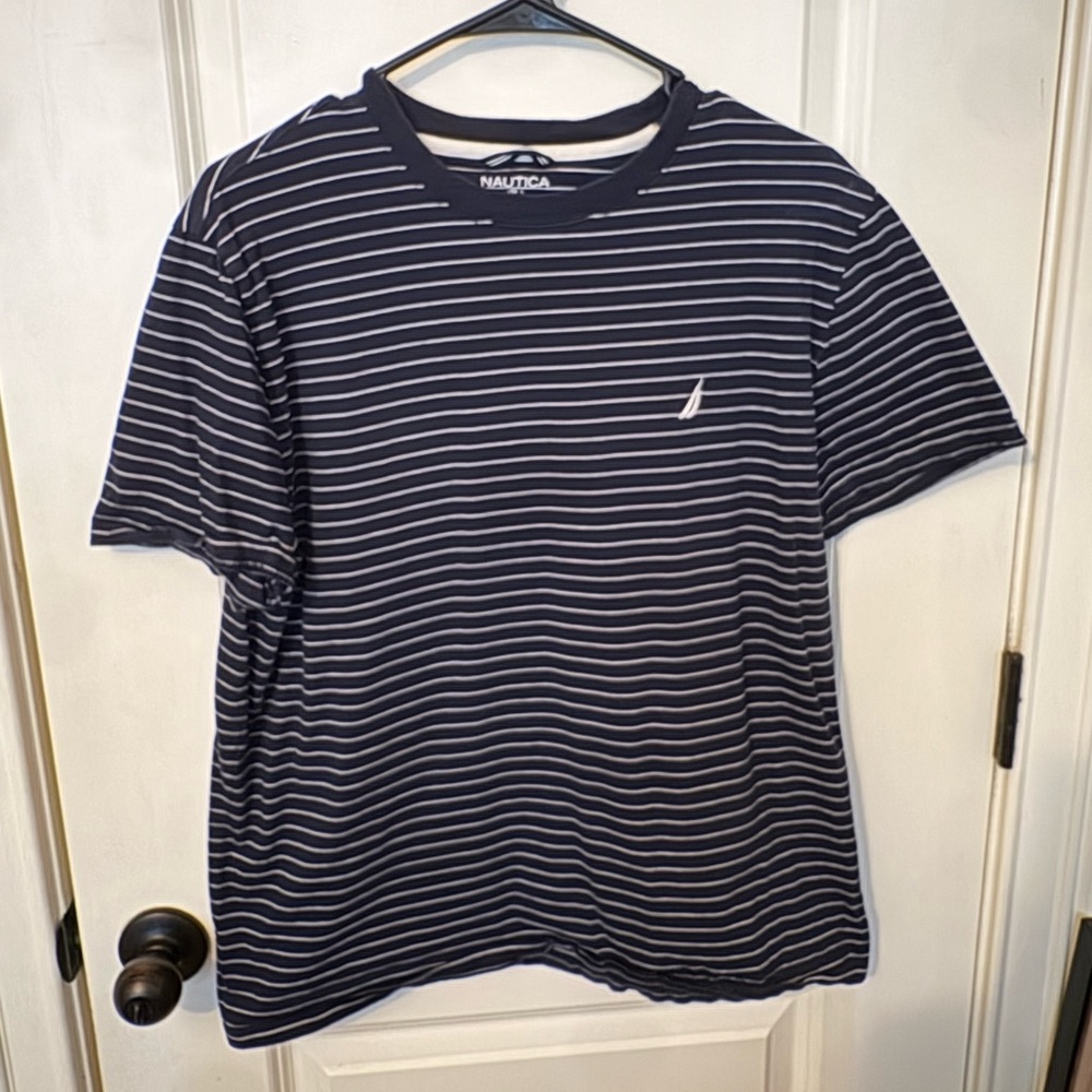 Nautica Navy and White Striped Men's Shirt